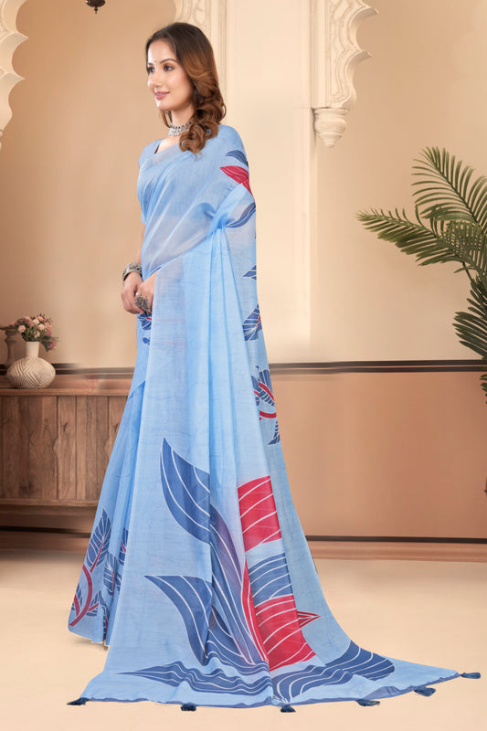 Sky Blue Cotton Saree with Botanical Leaf Print