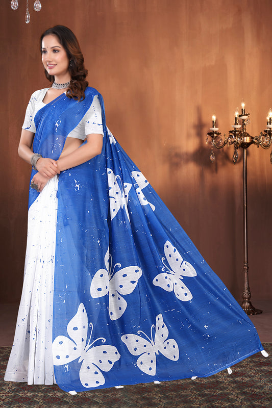 Blue Cotton Saree with White Butterfly Print