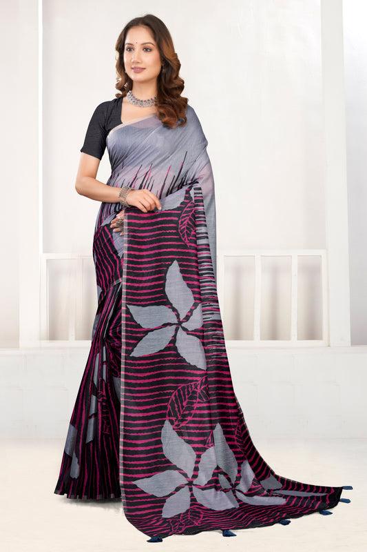 Grey Cotton Saree with Magenta Floral Print and Gold Zari Border