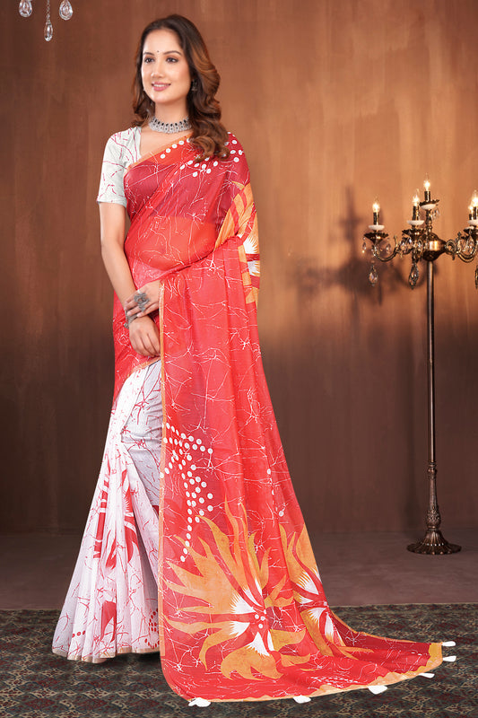 Cotton Saree with White Sunburst Crackle Fusion Print and Gold Zari Border
