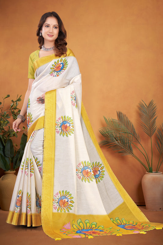 Kanjivaram Silk Saree with Madhubani Peacock Print and Gold Zari Border