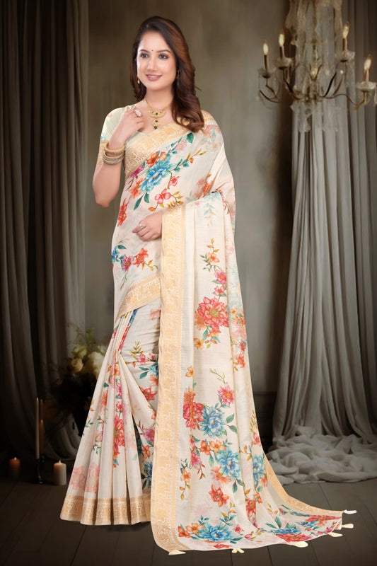 Kanjivaram Silk Saree with Multi-Colour Floral Print and Zari Border