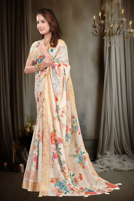 Kanjivaram Silk Saree with Multi-Colour Floral Print and Zari Border