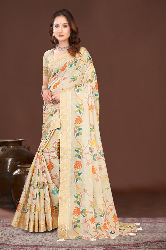 Kanjivaram Silk Saree with Botanical Print and Zari Border
