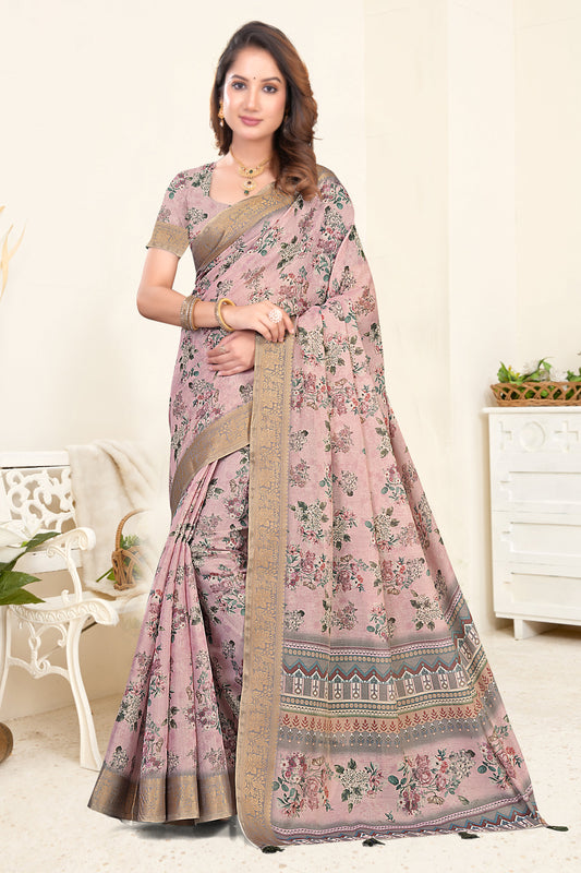 Dusty Pink Kanjivaram Silk Saree with Floral Print and Zari Border