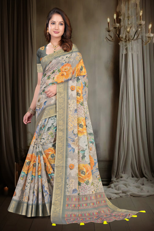 Grey Kanjivaram Silk Saree with Botanical Print and Zari Border