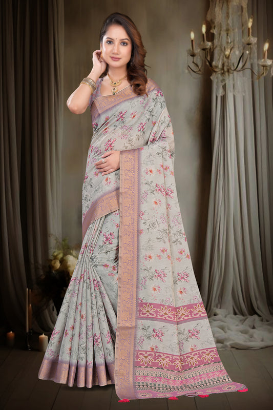 Grey Kanjivaram Silk Saree with Pink Floral Print and Zari Border