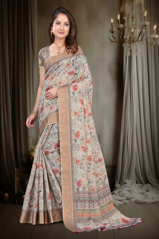Grey Kanjivaram Silk Saree with Floral Print and Zari Border