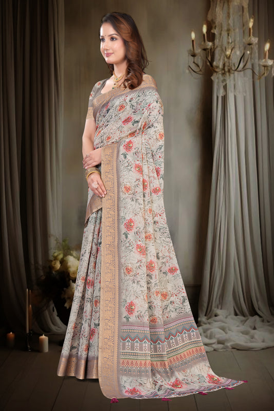 Grey Kanjivaram Silk Saree with Floral Print and Zari Border