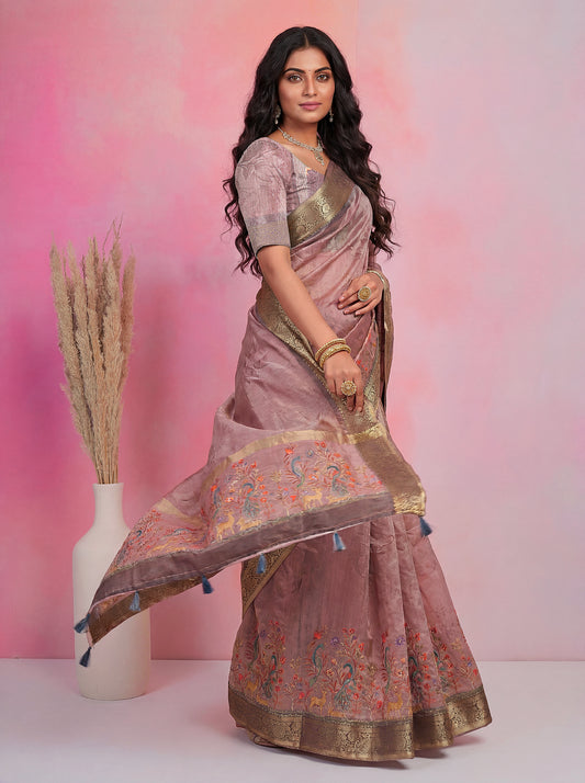 Mayur Mrig Tissue Silk with Zari Border