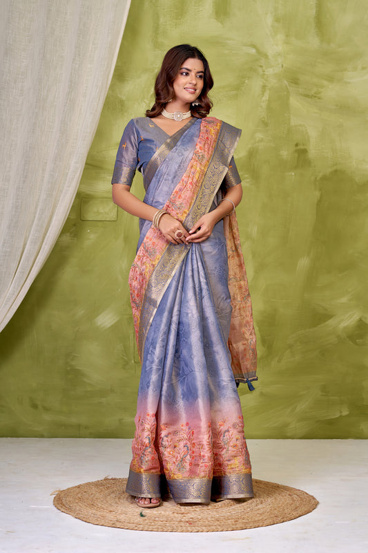 Mayur Mrig Tissue Silk with Zari Border