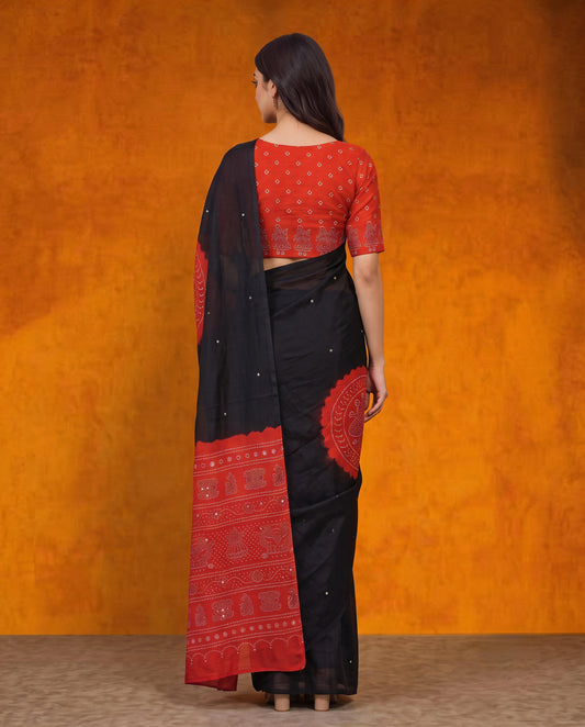 Black Modal Silk Bandhani Print Saree with Mirror Work