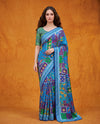 Turquoise Blue Pure Crepe Multi Patch Print Saree with Mirror Work