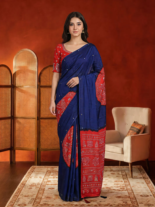 Navy Blue Modal Silk Bandhani Print Saree with Mirror Work