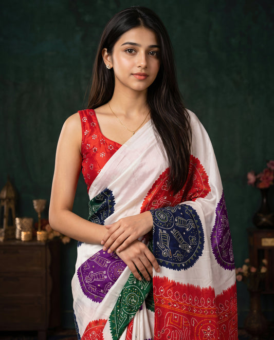 Red Modal Silk Bandhani Saree with Mirror Work