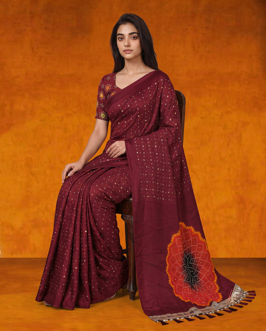 Maroon Modal Silk Bandhani Saree with Mirror Work