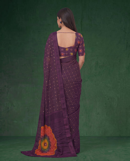 Purple Modal Silk Bandhani Saree with Mirror Work