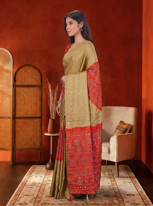 Beige Modal Silk Bandhani Print Saree with Mirror Work