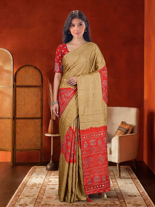 Beige Modal Silk Bandhani Print Saree with Mirror Work