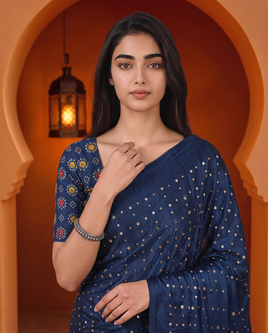 Navy Blue Modal Silk Bandhani Saree with Mirror Work