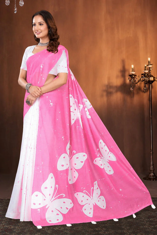 Pink Cotton Saree with White Butterfly Print