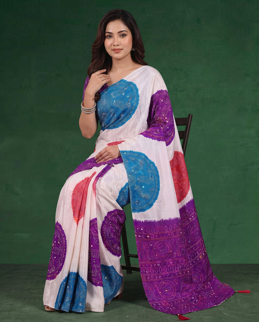 Purple Modal Silk Bandhani Saree with Mirror Work