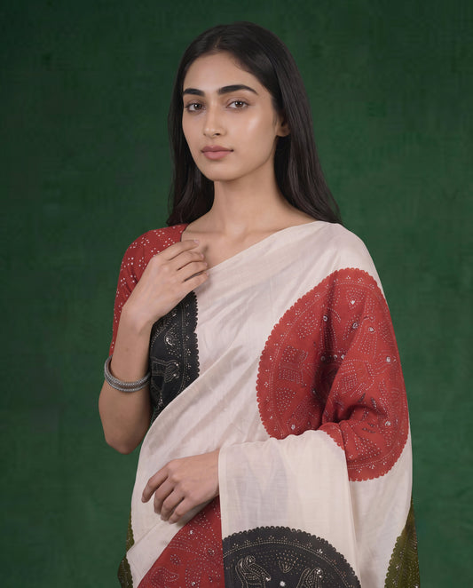 Maroon Modal Silk Bandhani Saree with Mirror Work