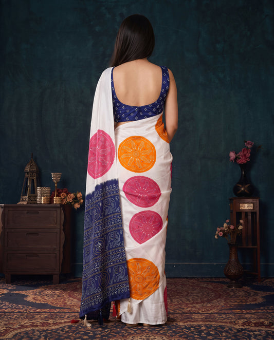 Navy Blue Modal Silk Bandhani Saree with Mirror Work