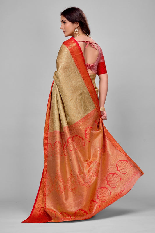 Pure Kanjivaram Silk Woven Designer Saree — Cream & Red