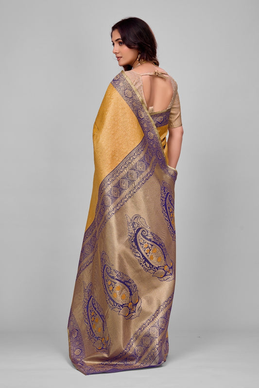 Pure Kanjivaram Silk Woven Designer Saree — Gold & Blue