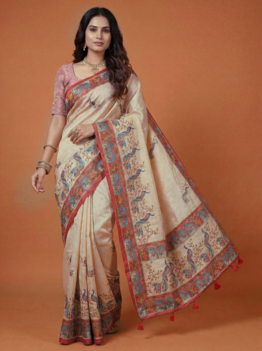 Kalamkari Peacock Design Artisan Tissue Silk Saree