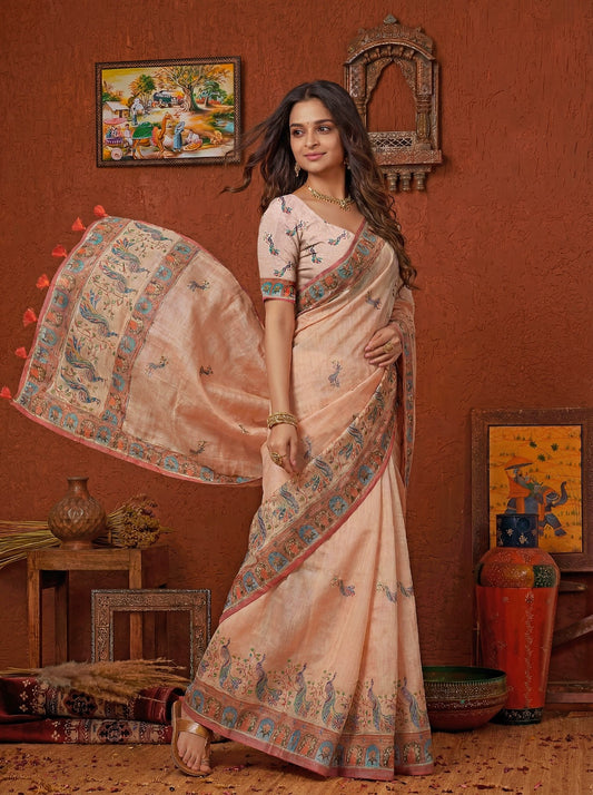 Kalamkari Peacock Design Artisan Tissue Silk Saree