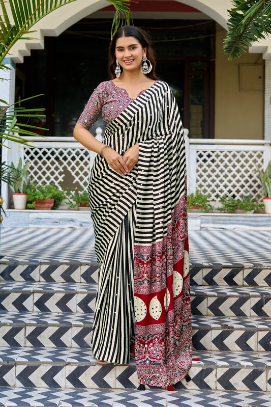 Indus Heritage Ajrak Fusion Gajji Silk Saree Black and Red