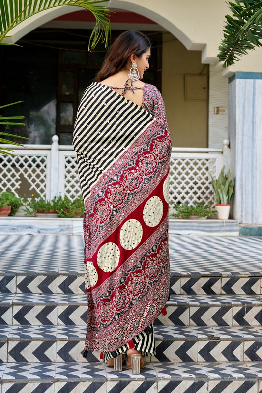 Indus Heritage Ajrak Fusion Gajji Silk Saree Black and Red