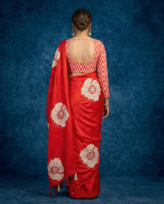 Red Modal Silk Floral Print Saree with Mirror Work