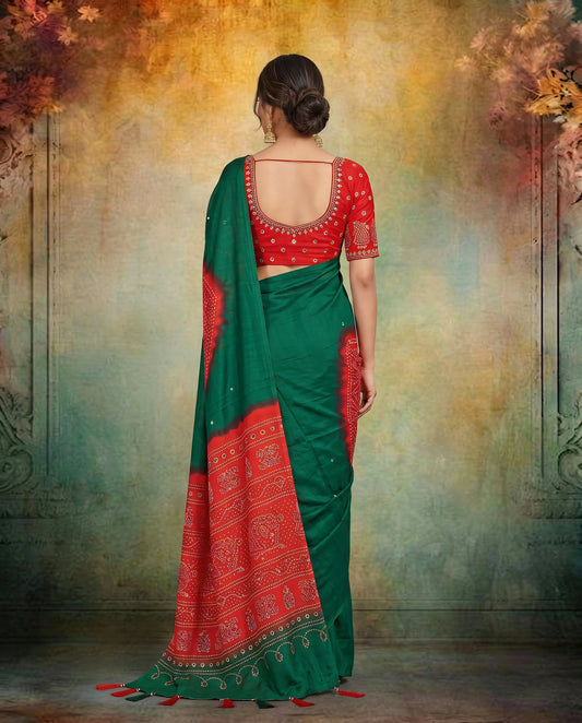 Green Modal Silk Bandhani Print Saree with Mirror Work