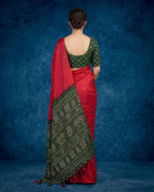 Red Modal Silk Bandhani Print Saree with Mirror Work