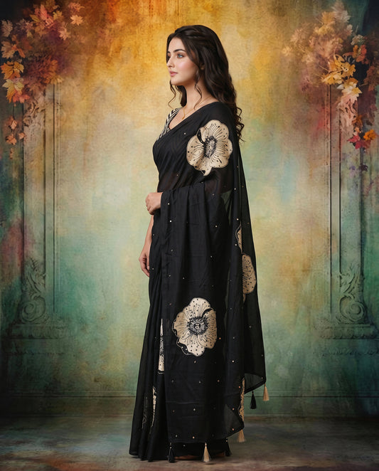 Black Modal Silk Floral Print Saree with Mirror Work