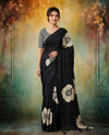 Black Modal Silk Floral Print Saree with Mirror Work