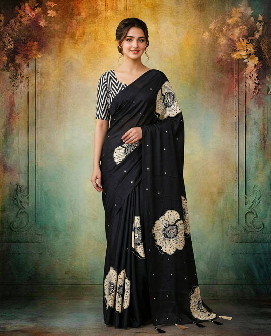 Black Modal Silk Floral Print Saree with Mirror Work