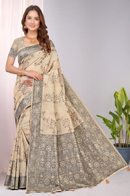 Woven Cotton Saree with Tonal Zari Floral Jaal Pallu