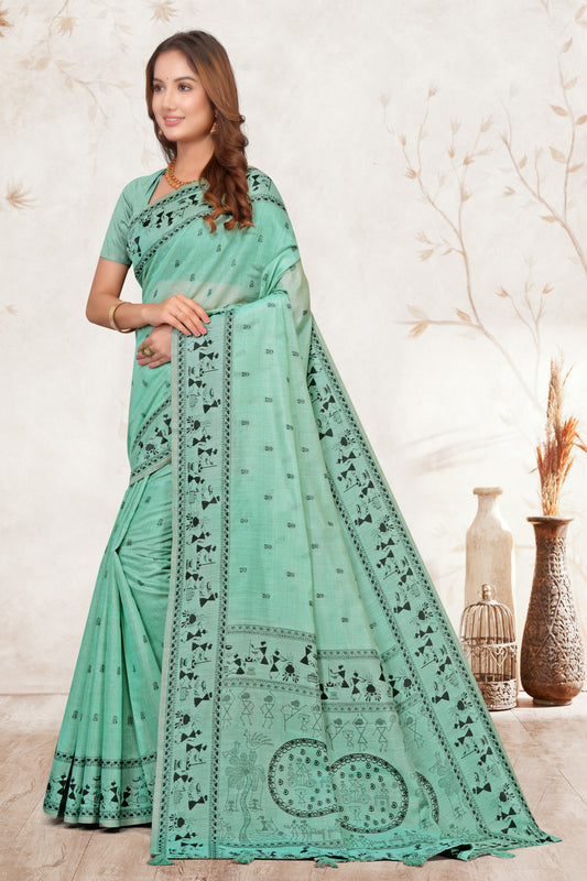 Ready to Wear Woven Cotton Saree with Warli Tribal Art Heritage Print