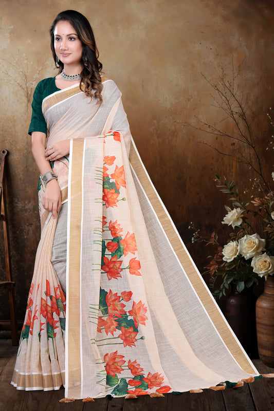 White South Cotton Saree with Lotus Floral Print
