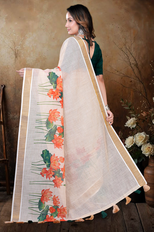 White South Cotton Saree with Lotus Floral Print