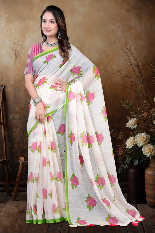 White South Cotton Saree with Floral Print