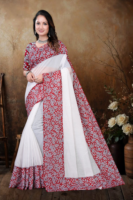 White South Cotton Saree with Floral Printed Border