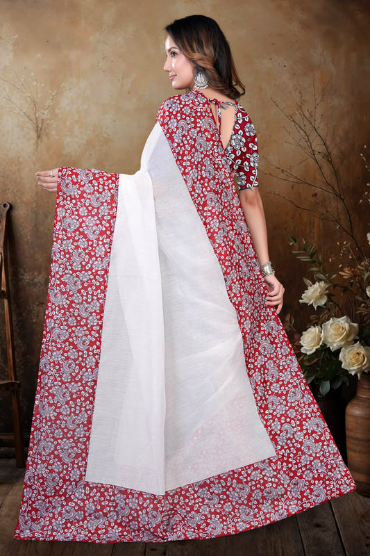 White South Cotton Saree with Floral Printed Border