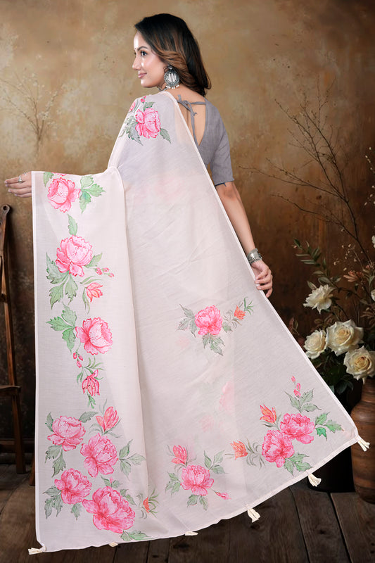Cream Mul Cotton Printed Saree with Elegant Floral Print