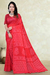 Red Mul Cotton Printed Saree with All-Over Geometric Batik Print