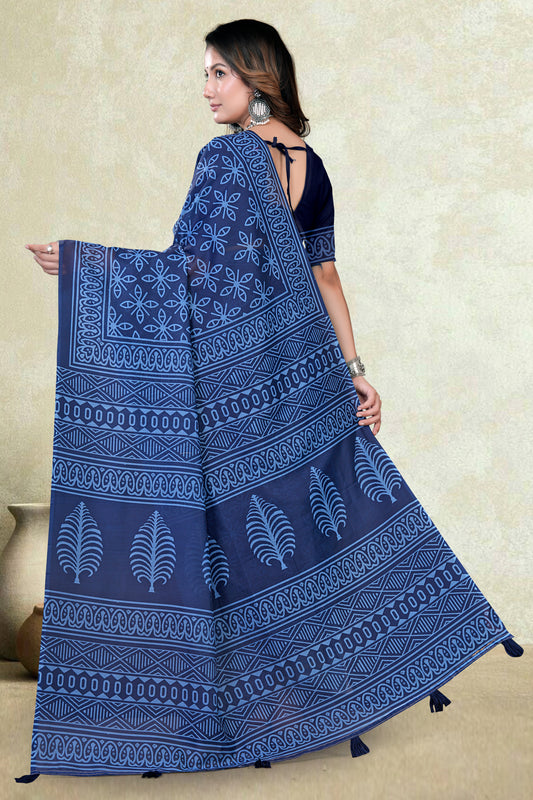 Indigo Blue Mul Cotton Printed Saree with All-Over Geometric Batik